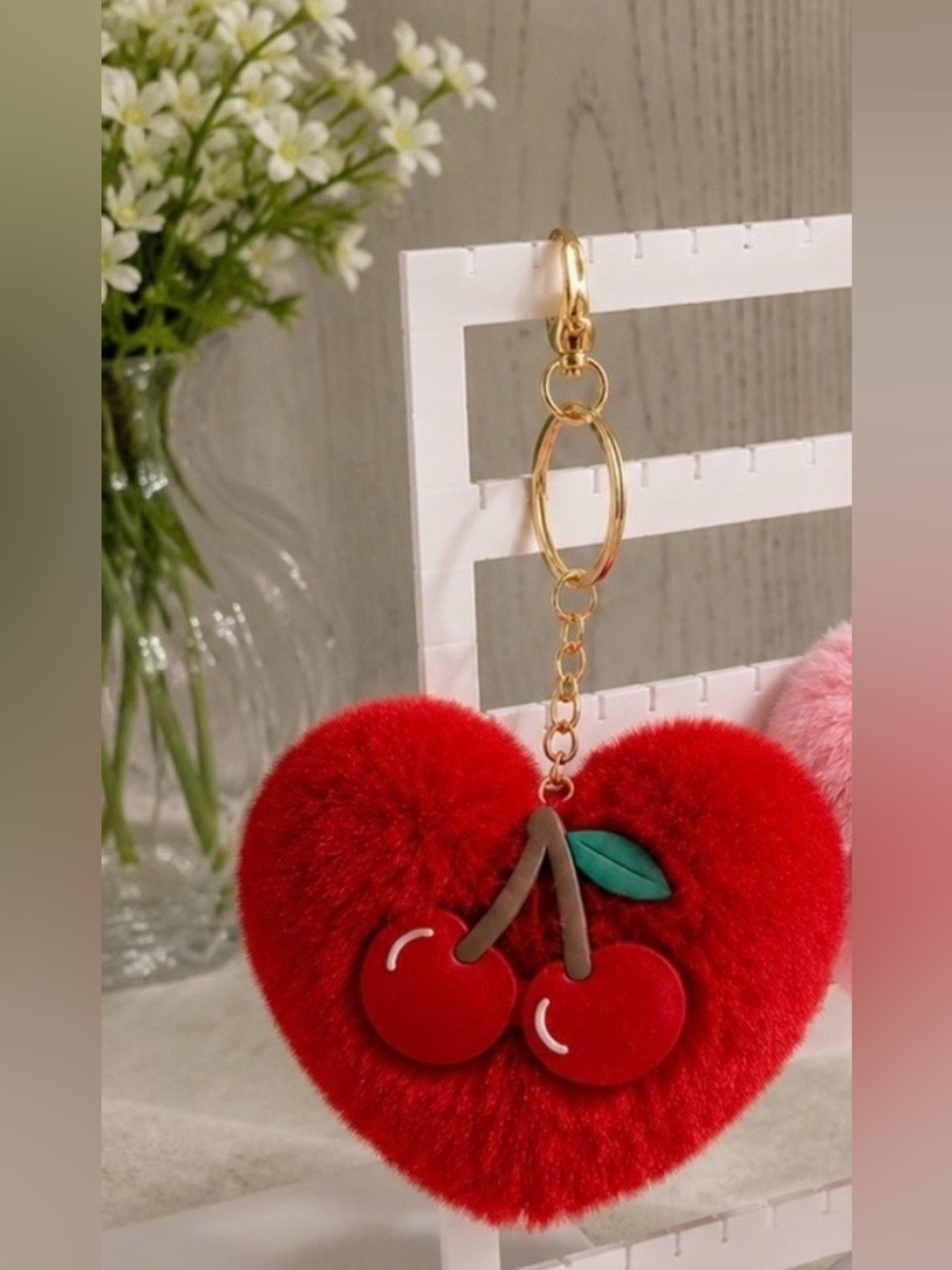 Bag charm/keychain fuzzy red heart-shaped pom-pom decorated twin cherries